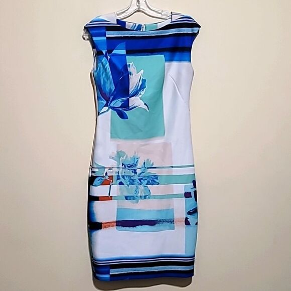 Gabby Skye White And Blue Multicolored Sleeveless Dress Sz 4 - Picture 3 of 7